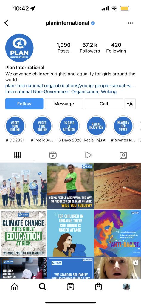 Plan International Instagram account