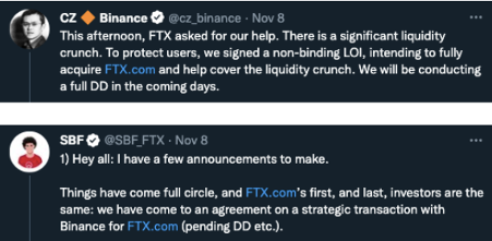 Two tweets about Binance potentially acquiring FTX
