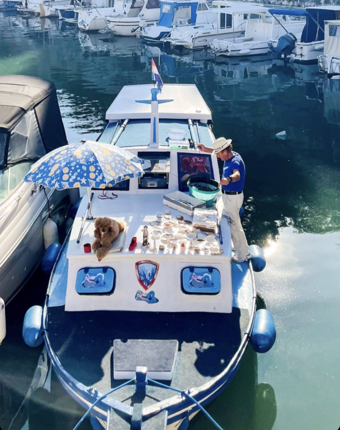 man on a boat with a dog under an umbrella
